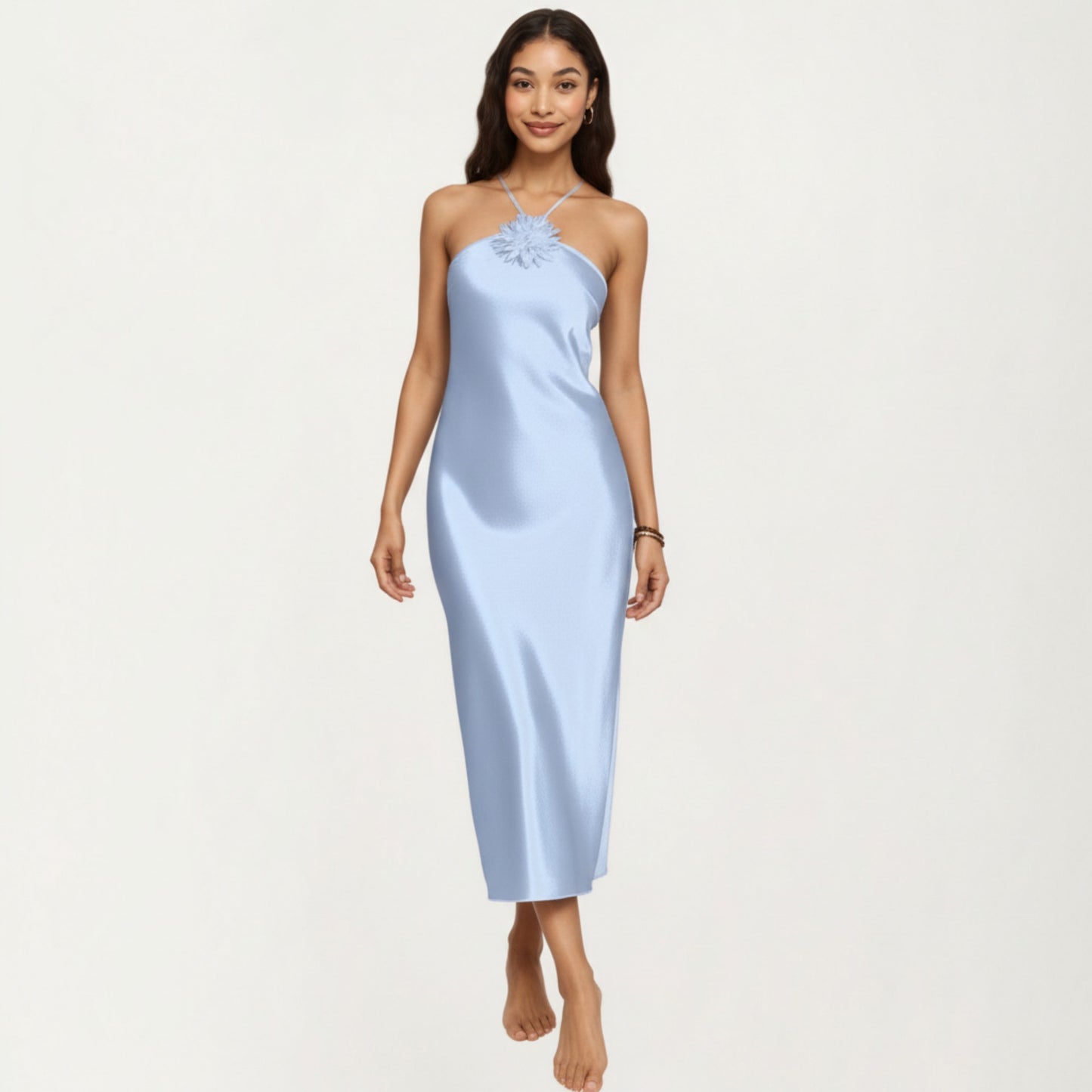 Strapless Midi Slip Dress with Floral Appliqu¨¦ Halter Detail and Sleek Smooth Silhouette