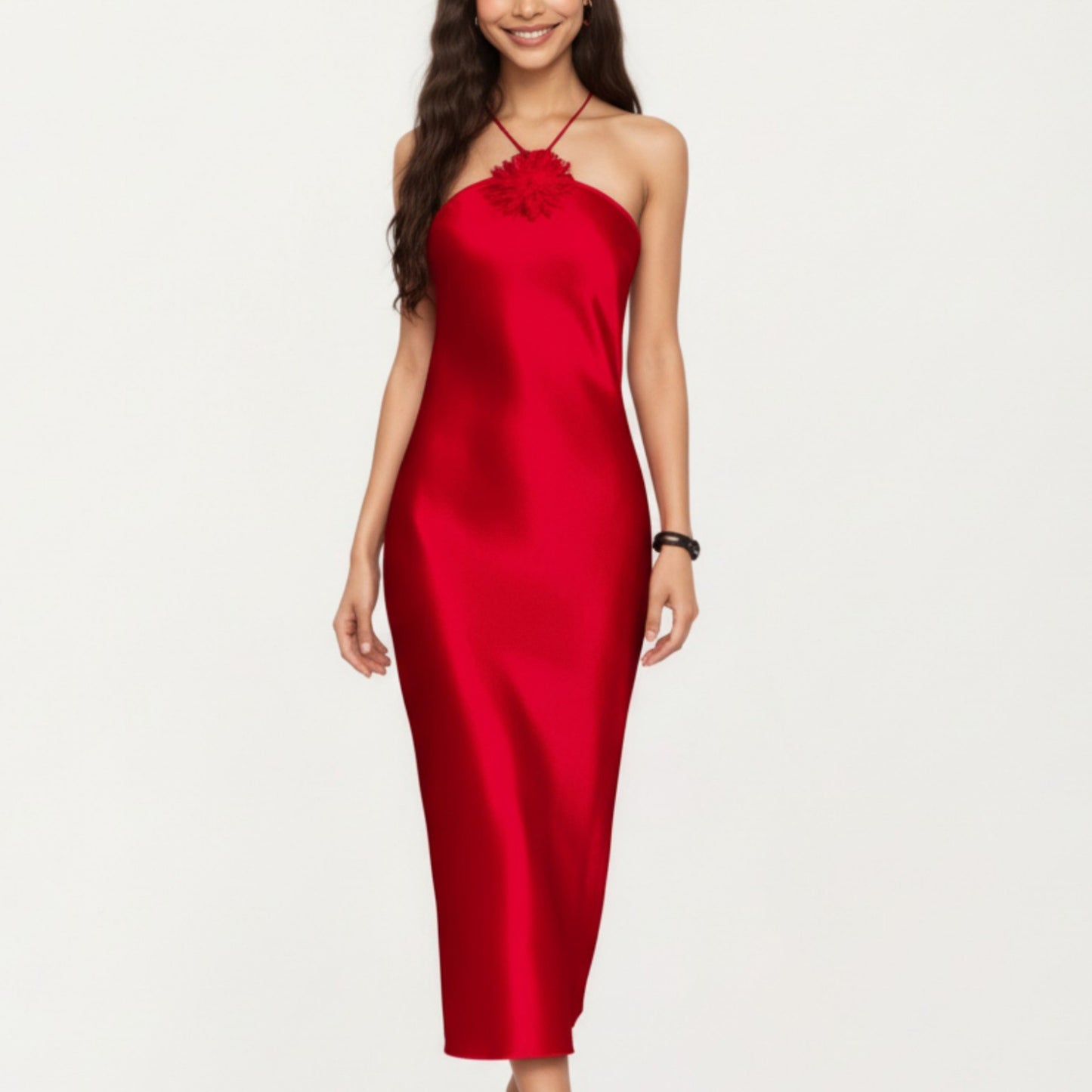 Strapless Midi Slip Dress with Floral Appliqu¨¦ Halter Detail and Sleek Smooth Silhouette
