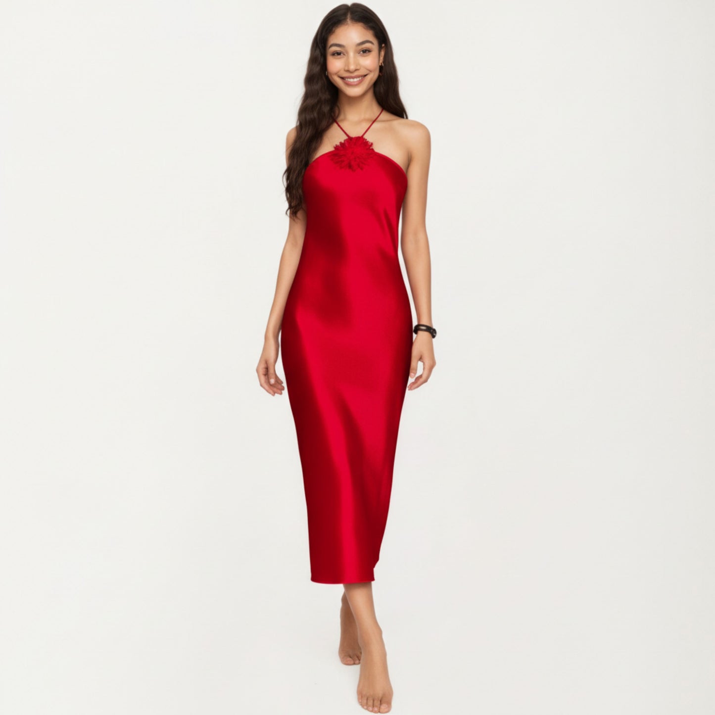 Strapless Midi Slip Dress with Floral Appliqu¨¦ Halter Detail and Sleek Smooth Silhouette
