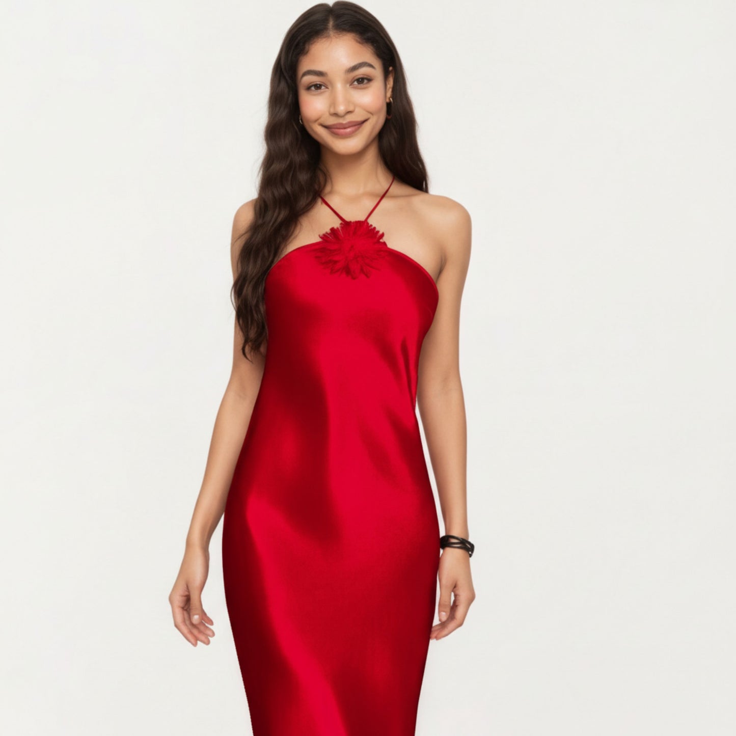 Strapless Midi Slip Dress with Floral Appliqu¨¦ Halter Detail and Sleek Smooth Silhouette