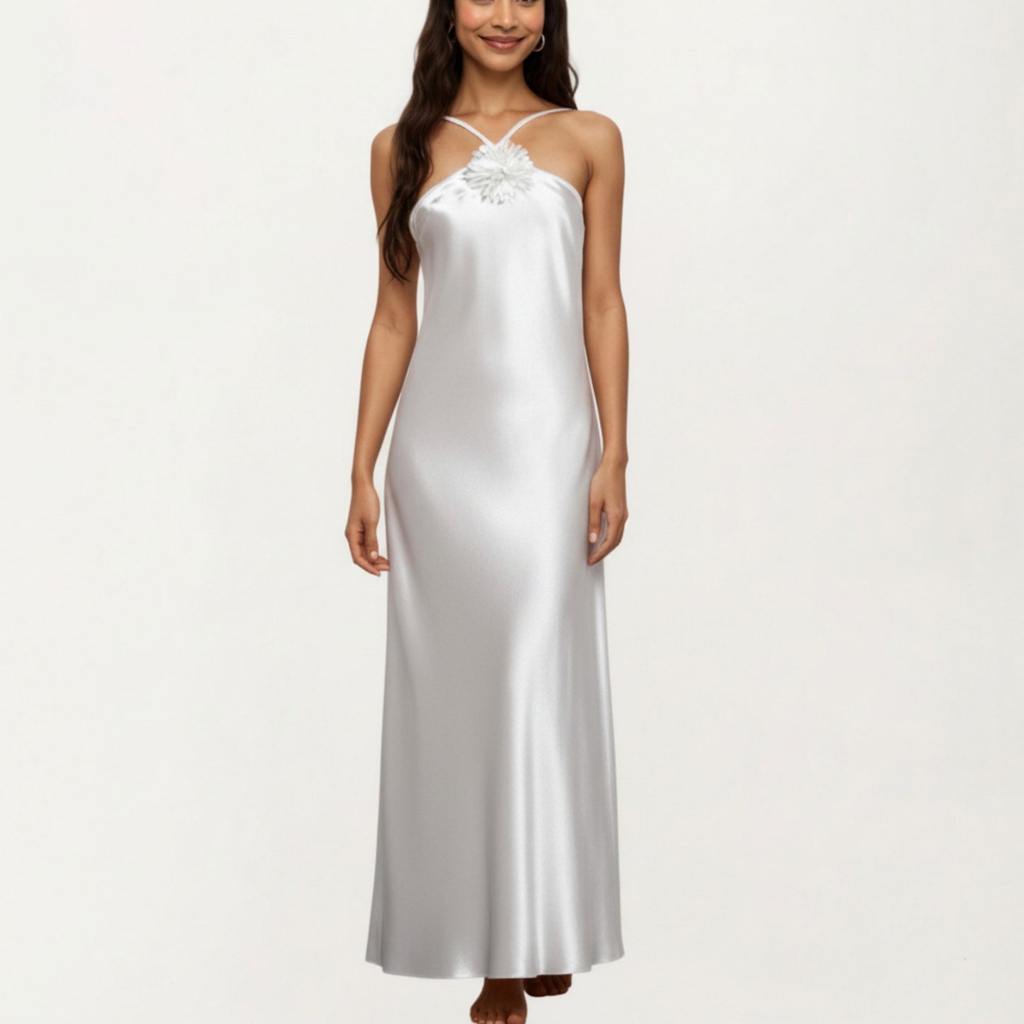 Strapless Midi Slip Dress with Floral Appliqu¨¦ Halter Detail and Sleek Smooth Silhouette