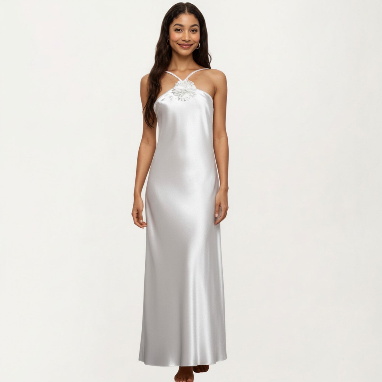Strapless Midi Slip Dress with Floral Appliqu¨¦ Halter Detail and Sleek Smooth Silhouette
