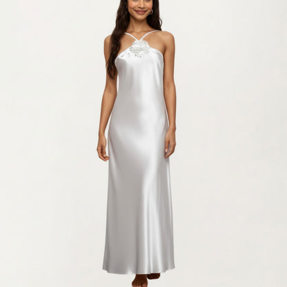 Strapless Midi Slip Dress with Floral Appliqu¨¦ Halter Detail and Sleek Smooth Silhouette