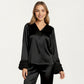 Long Sleeve Pajama Set with Soft Button Front Top and Ruffled Cuff Trim Straight-Leg Pants