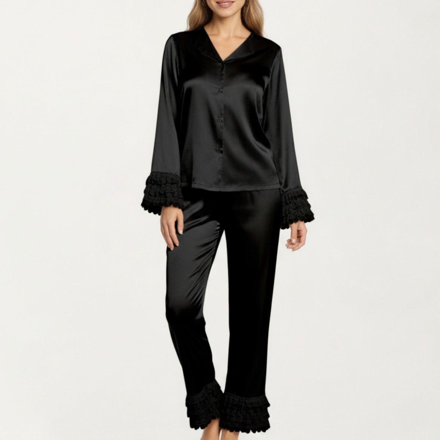 Long Sleeve Pajama Set with Soft Button Front Top and Ruffled Cuff Trim Straight-Leg Pants