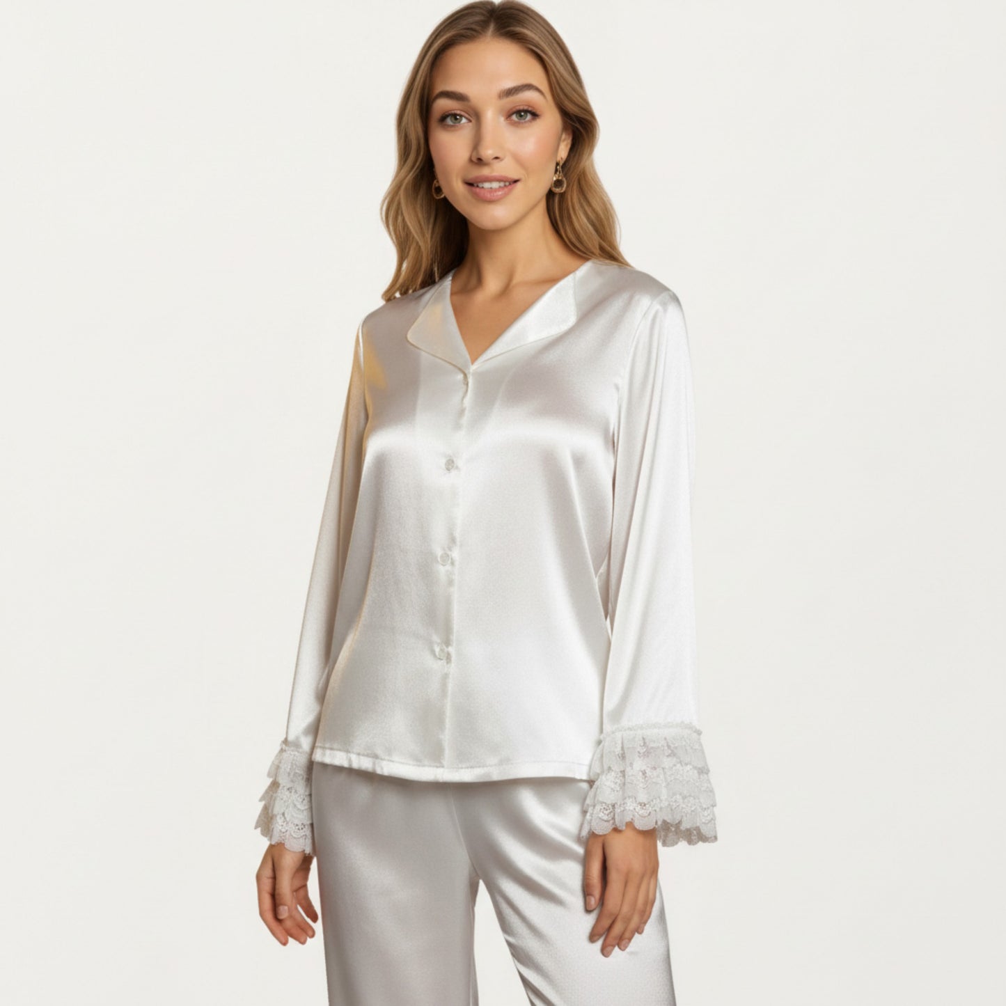 Long Sleeve Pajama Set with Soft Button Front Top and Ruffled Cuff Trim Straight-Leg Pants
