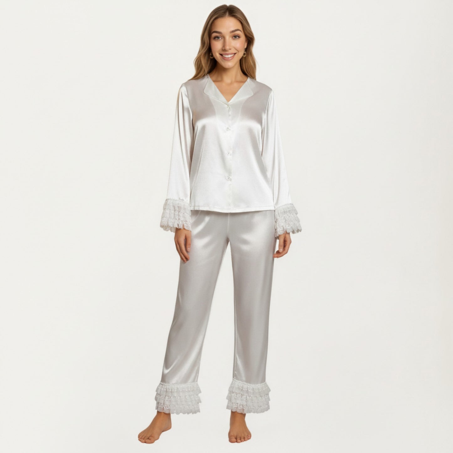Long Sleeve Pajama Set with Soft Button Front Top and Ruffled Cuff Trim Straight-Leg Pants