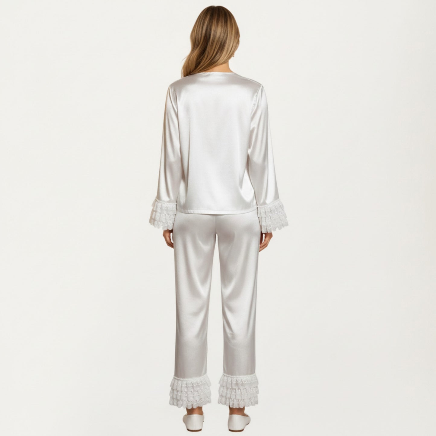 Long Sleeve Pajama Set with Soft Button Front Top and Ruffled Cuff Trim Straight-Leg Pants