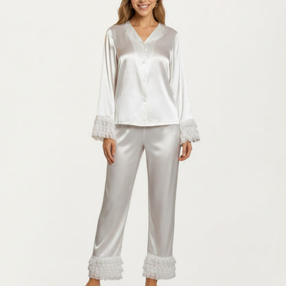 Long Sleeve Pajama Set with Soft Button Front Top and Ruffled Cuff Trim Straight-Leg Pants