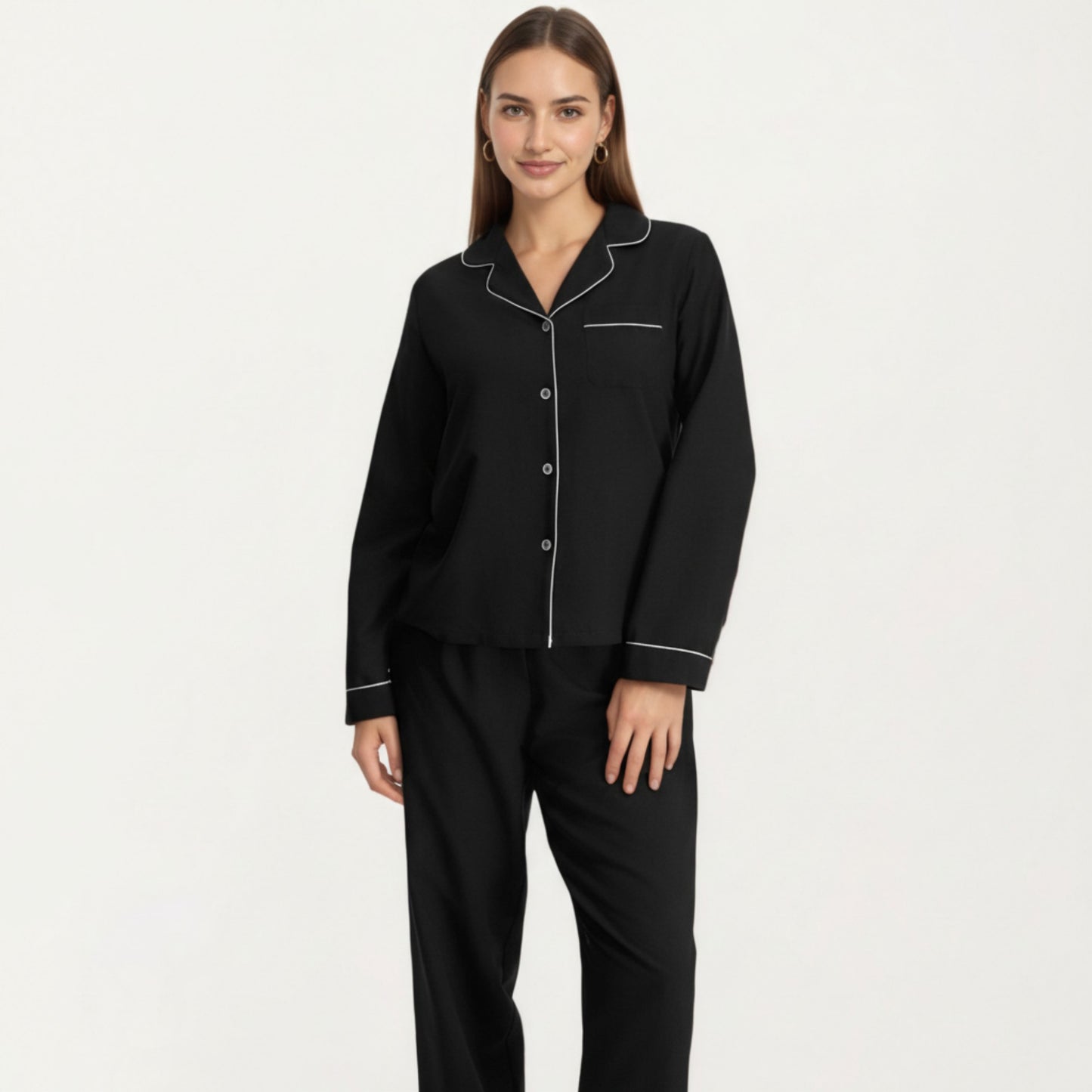 Long Sleeve Pajama Set with Soft Notched Collar Button Front Top and Relaxed Straight-Leg Pants