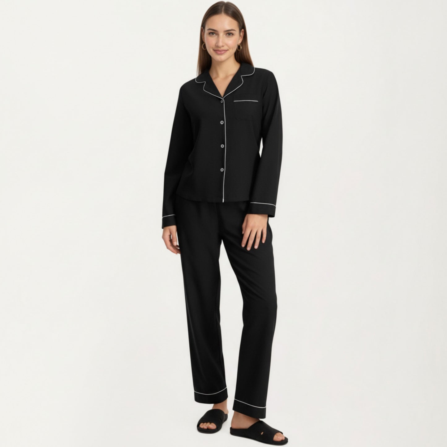 Long Sleeve Pajama Set with Soft Notched Collar Button Front Top and Relaxed Straight-Leg Pants