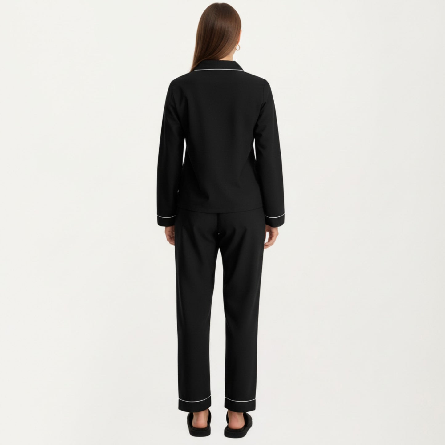 Long Sleeve Pajama Set with Soft Notched Collar Button Front Top and Relaxed Straight-Leg Pants
