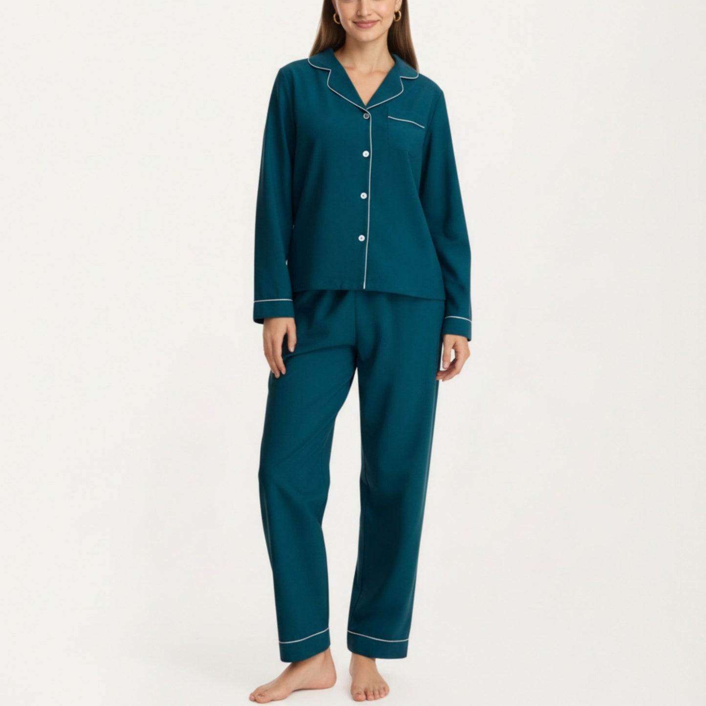 Long Sleeve Pajama Set with Soft Notched Collar Button Front Top and Relaxed Straight-Leg Pants