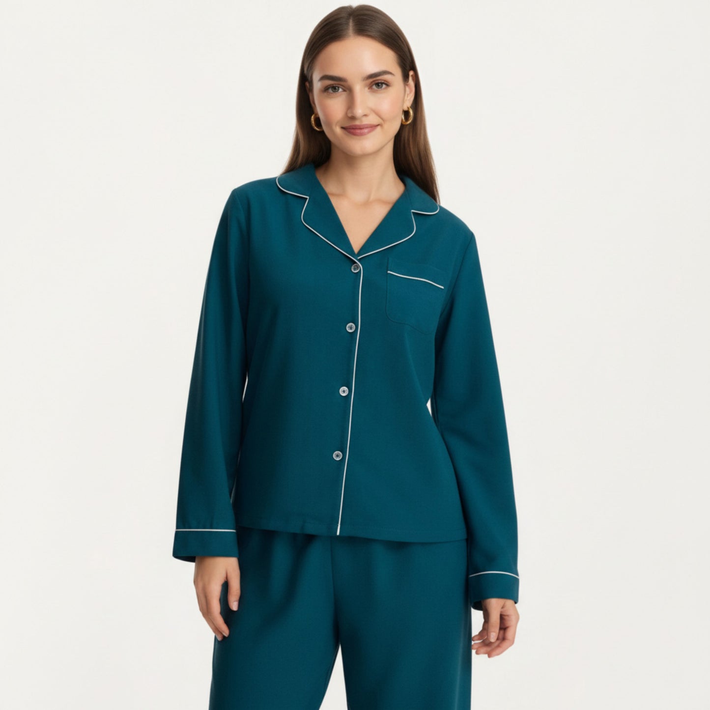 Long Sleeve Pajama Set with Soft Notched Collar Button Front Top and Relaxed Straight-Leg Pants
