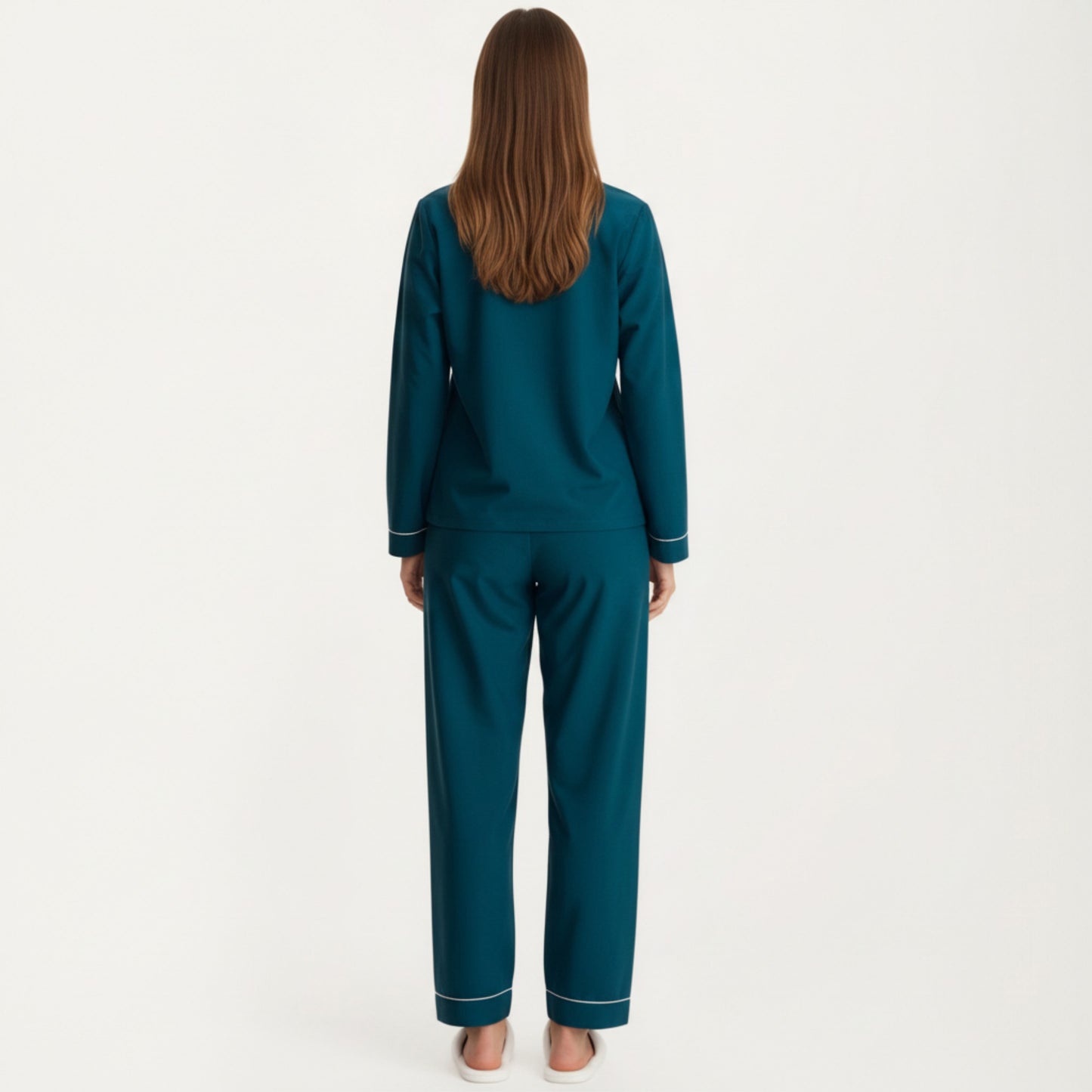 Long Sleeve Pajama Set with Soft Notched Collar Button Front Top and Relaxed Straight-Leg Pants