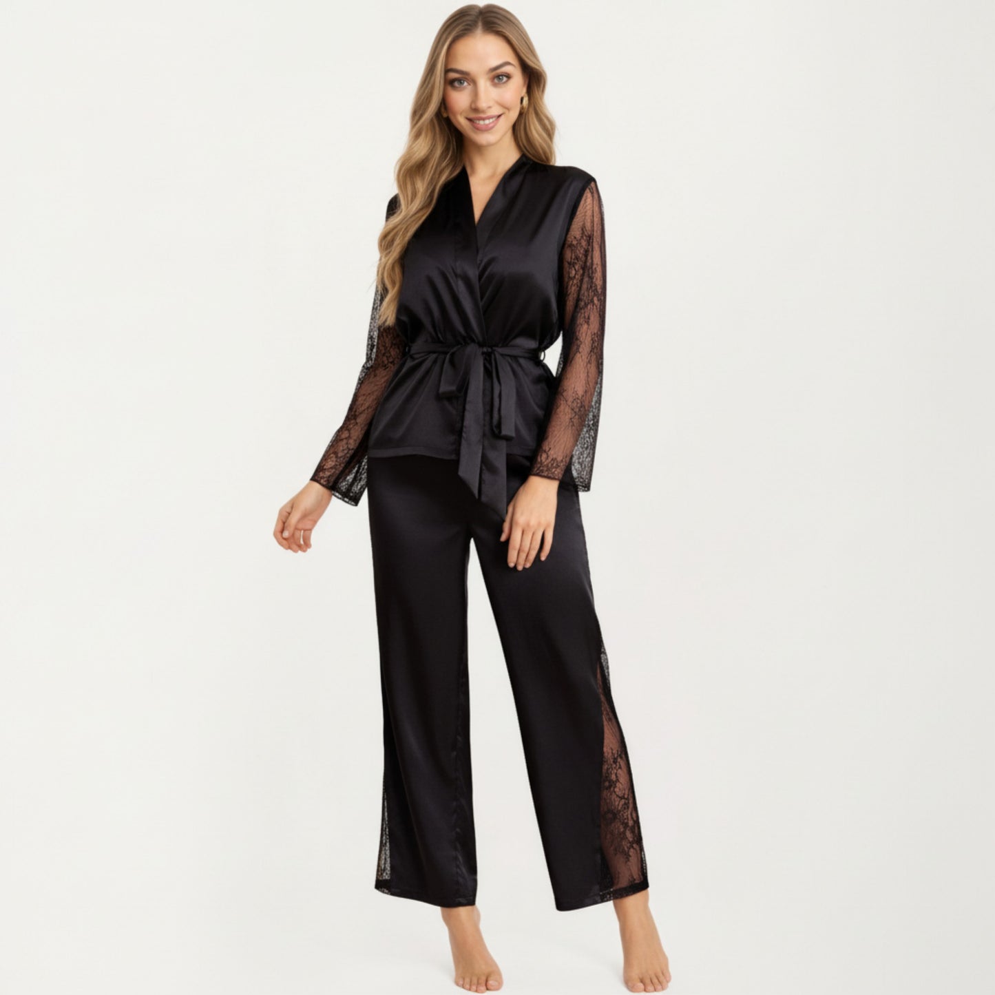 Satin Pajama Set with Lace Sleeve Detail and Matching Tie-Waist Top and Straight-Leg Pants