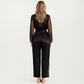 Satin Pajama Set with Lace Sleeve Detail and Matching Tie-Waist Top and Straight-Leg Pants