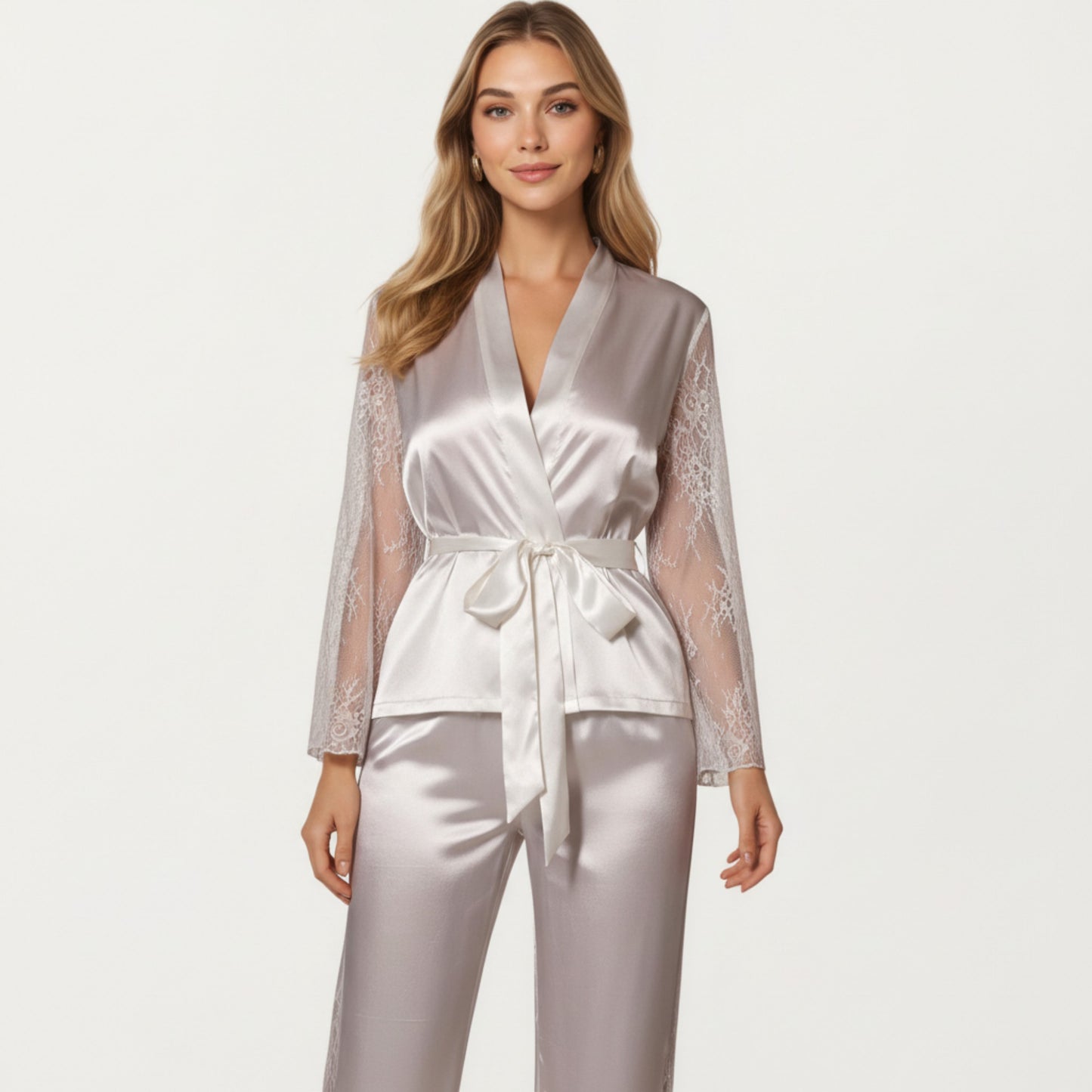 Satin Pajama Set with Lace Sleeve Detail and Matching Tie-Waist Top and Straight-Leg Pants