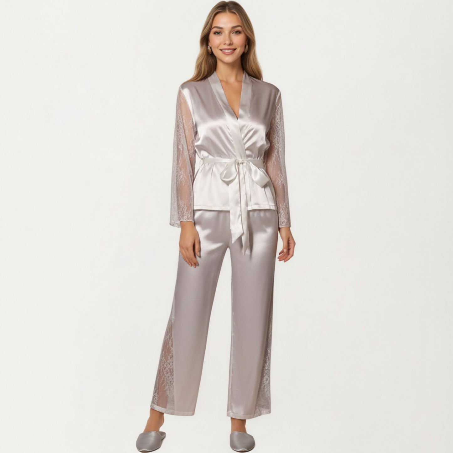 Satin Pajama Set with Lace Sleeve Detail and Matching Tie-Waist Top and Straight-Leg Pants