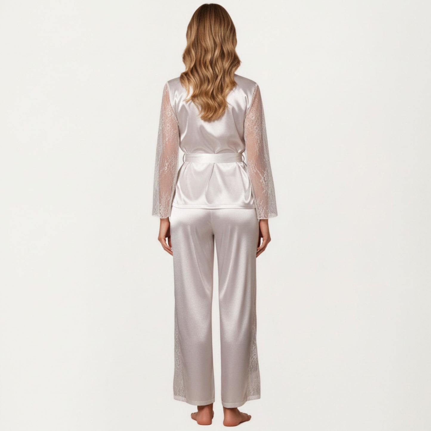 Satin Pajama Set with Lace Sleeve Detail and Matching Tie-Waist Top and Straight-Leg Pants