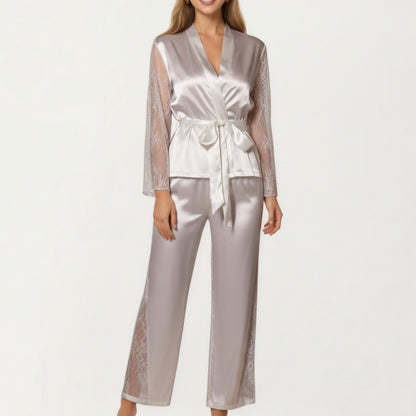 Satin Pajama Set with Lace Sleeve Detail and Matching Tie-Waist Top and Straight-Leg Pants