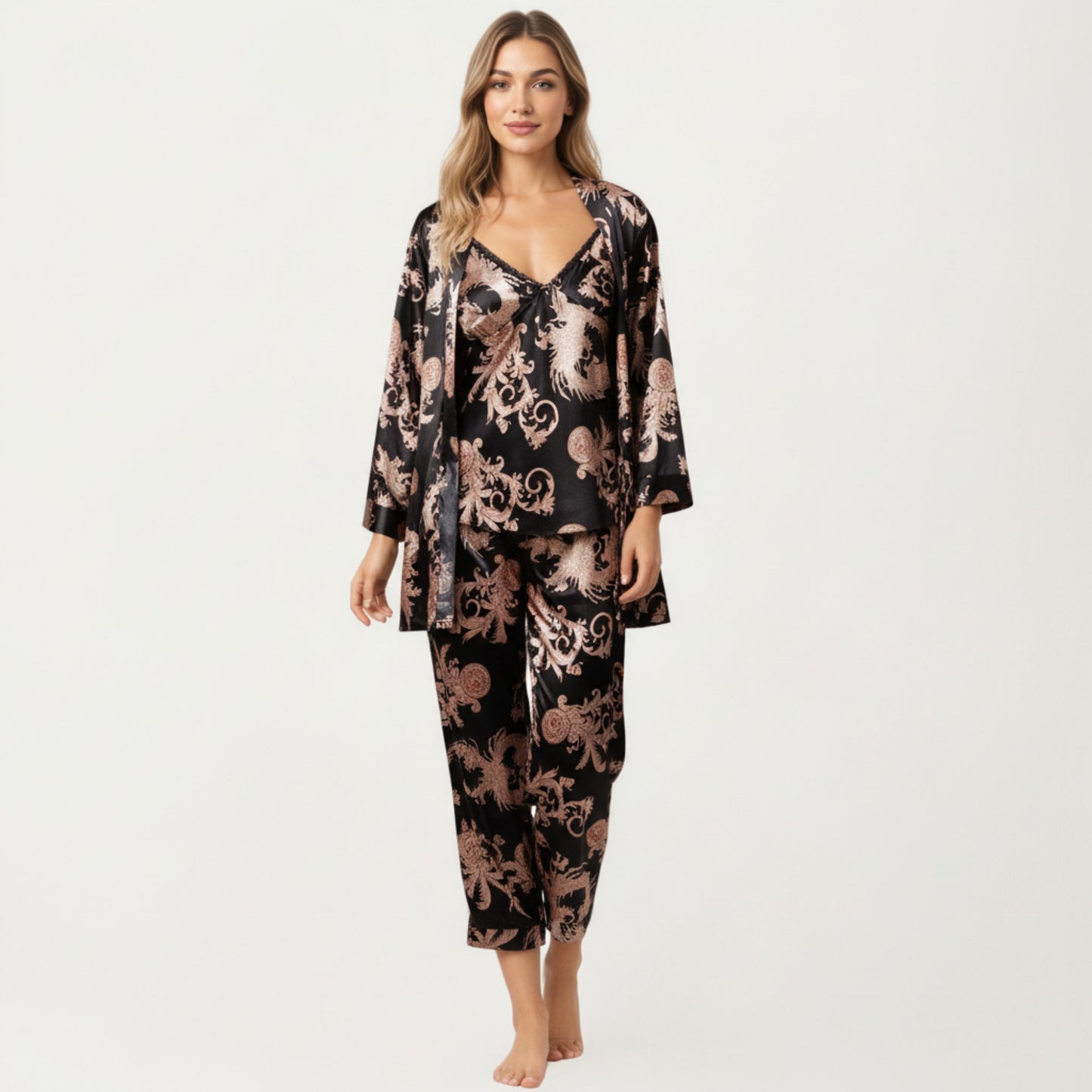 3-Piece Set Satin Baroque Print Pajama Cami with Matching Robe and Relaxed Straight-Leg Pants