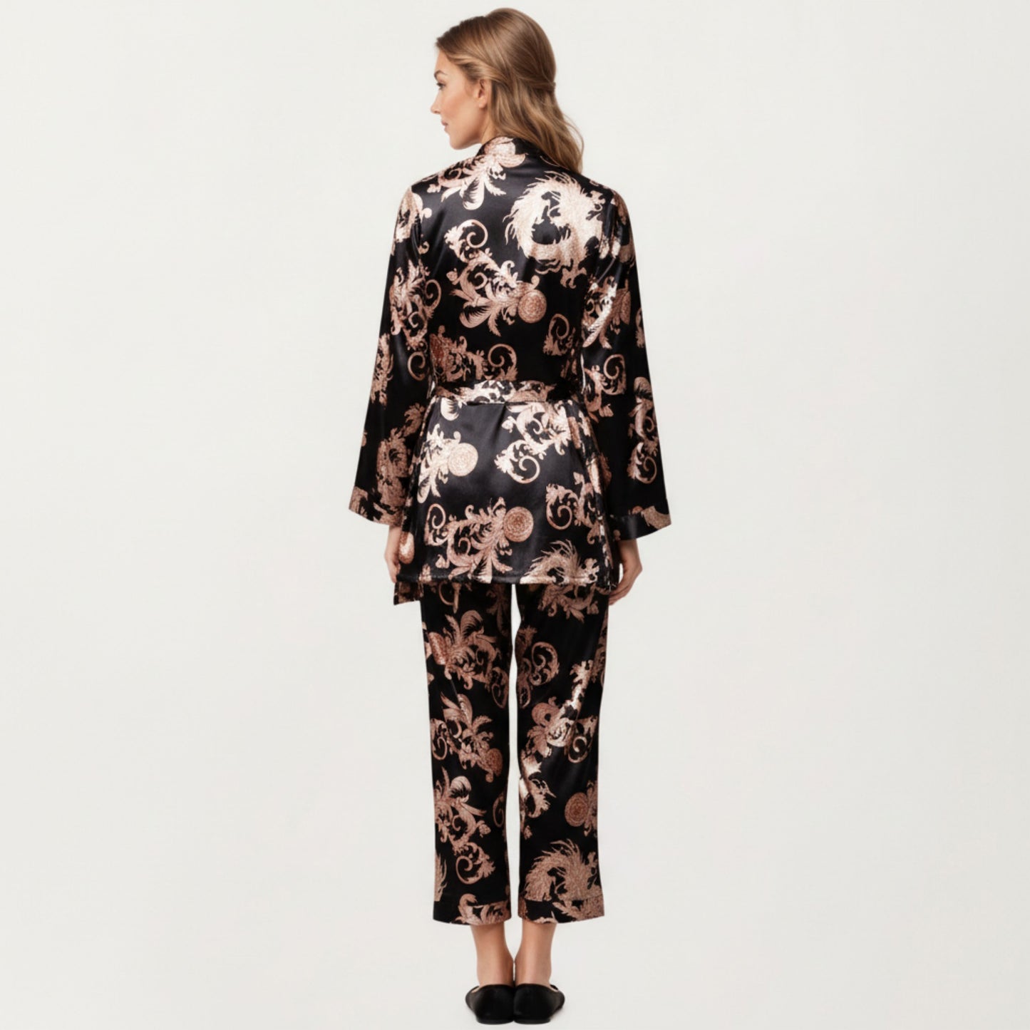 3-Piece Set Satin Baroque Print Pajama Cami with Matching Robe and Relaxed Straight-Leg Pants