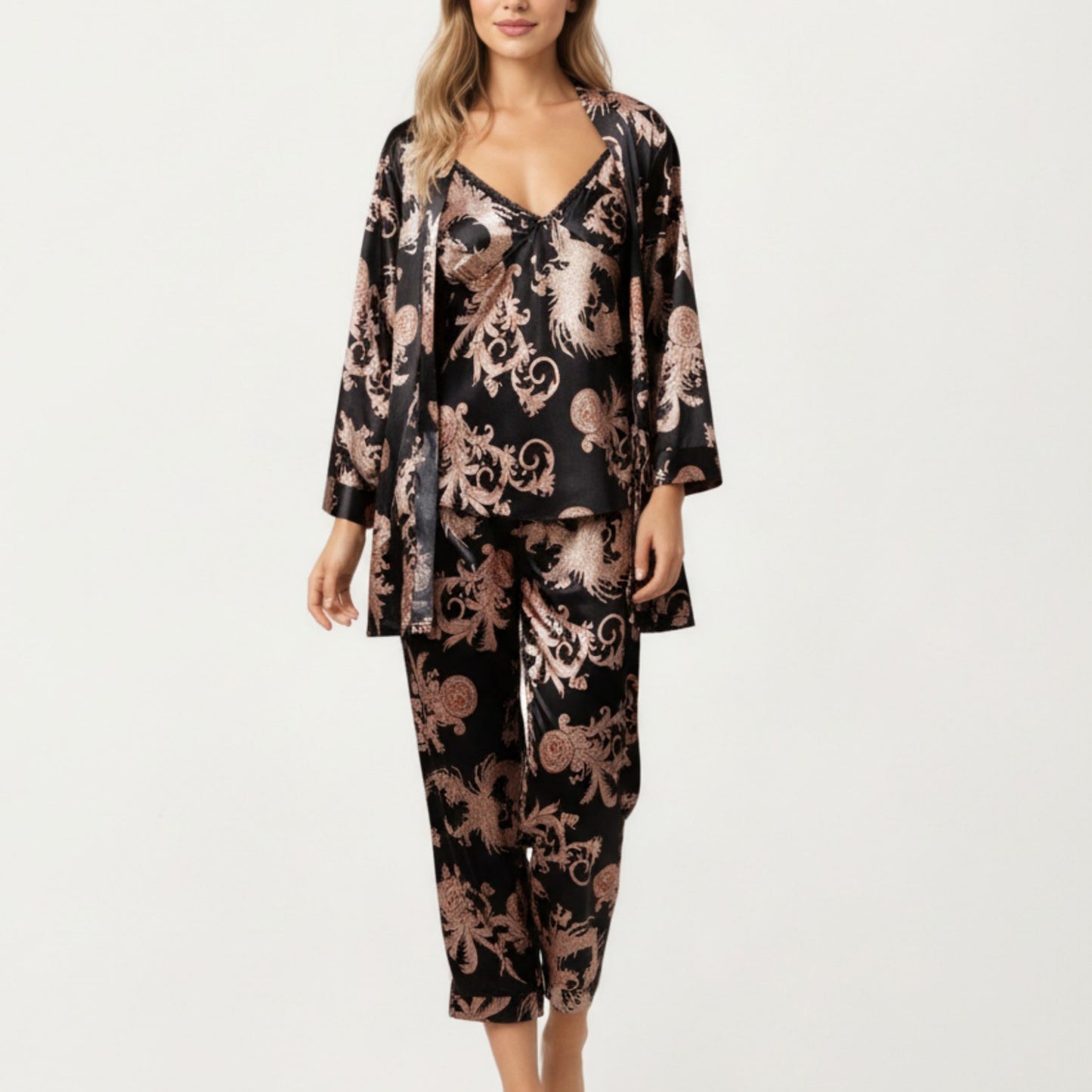 3-Piece Set Satin Baroque Print Pajama Cami with Matching Robe and Relaxed Straight-Leg Pants