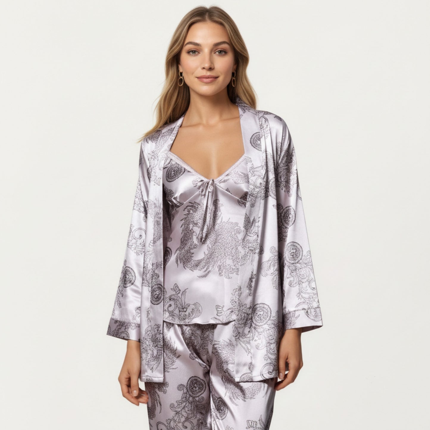 3-Piece Set Satin Baroque Print Pajama Cami with Matching Robe and Relaxed Straight-Leg Pants