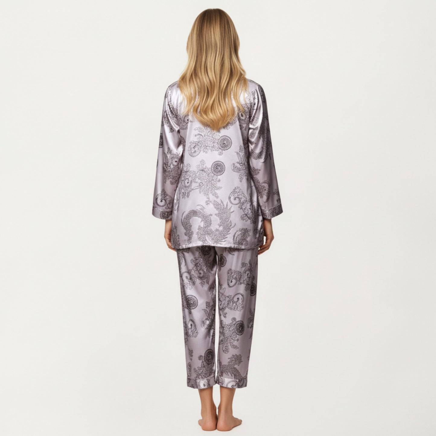 3-Piece Set Satin Baroque Print Pajama Cami with Matching Robe and Relaxed Straight-Leg Pants