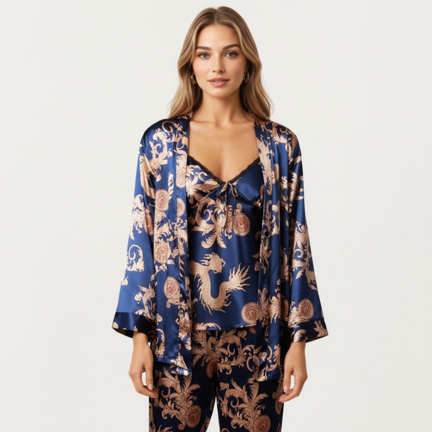 3-Piece Set Satin Baroque Print Pajama Cami with Matching Robe and Relaxed Straight-Leg Pants