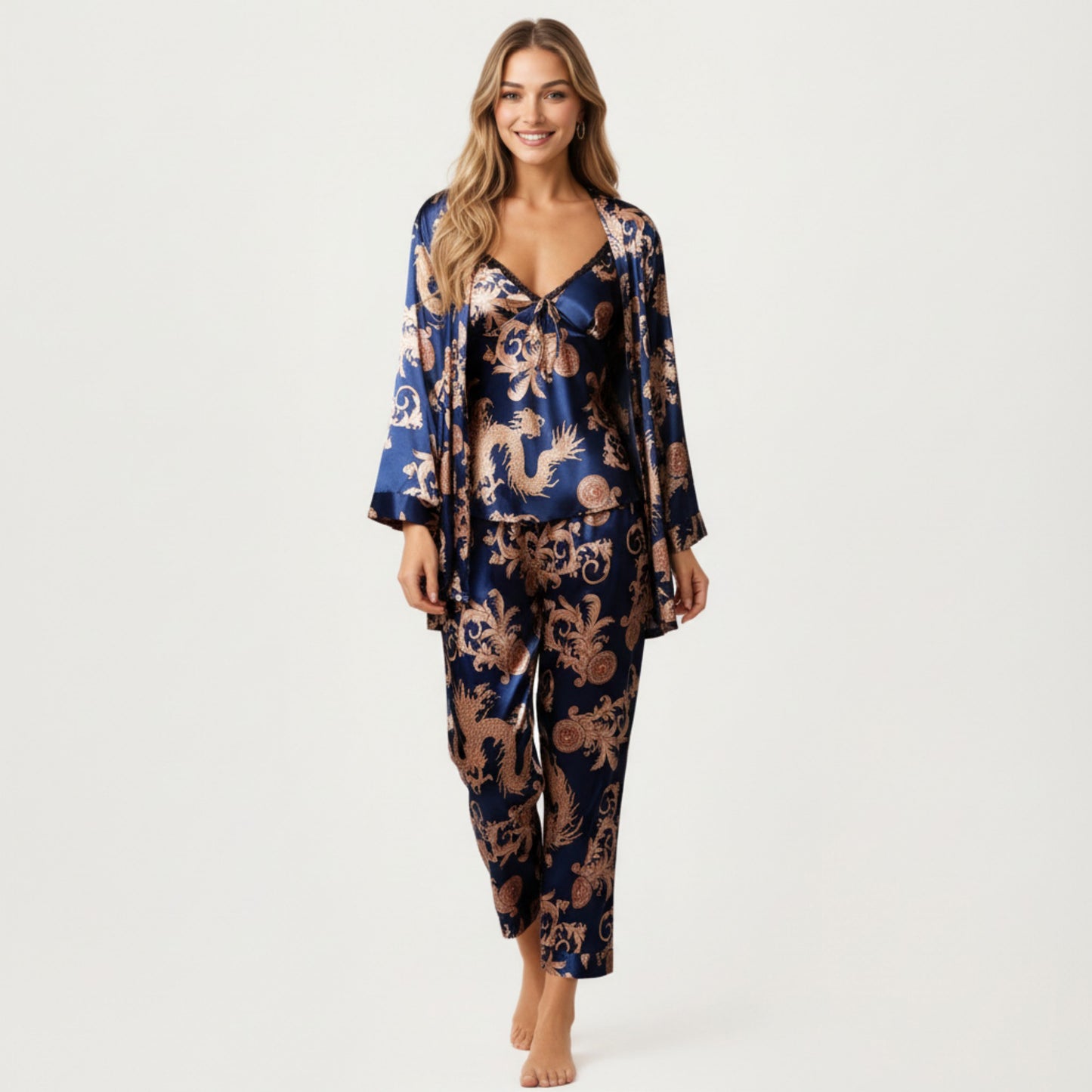 3-Piece Set Satin Baroque Print Pajama Cami with Matching Robe and Relaxed Straight-Leg Pants