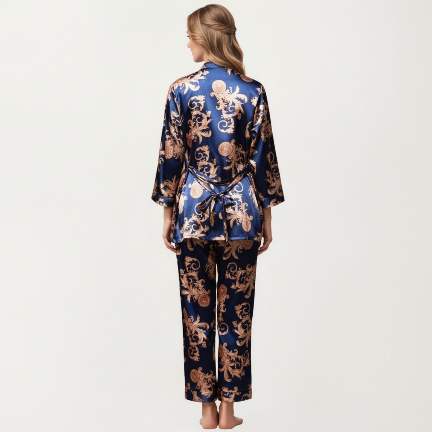 3-Piece Set Satin Baroque Print Pajama Cami with Matching Robe and Relaxed Straight-Leg Pants