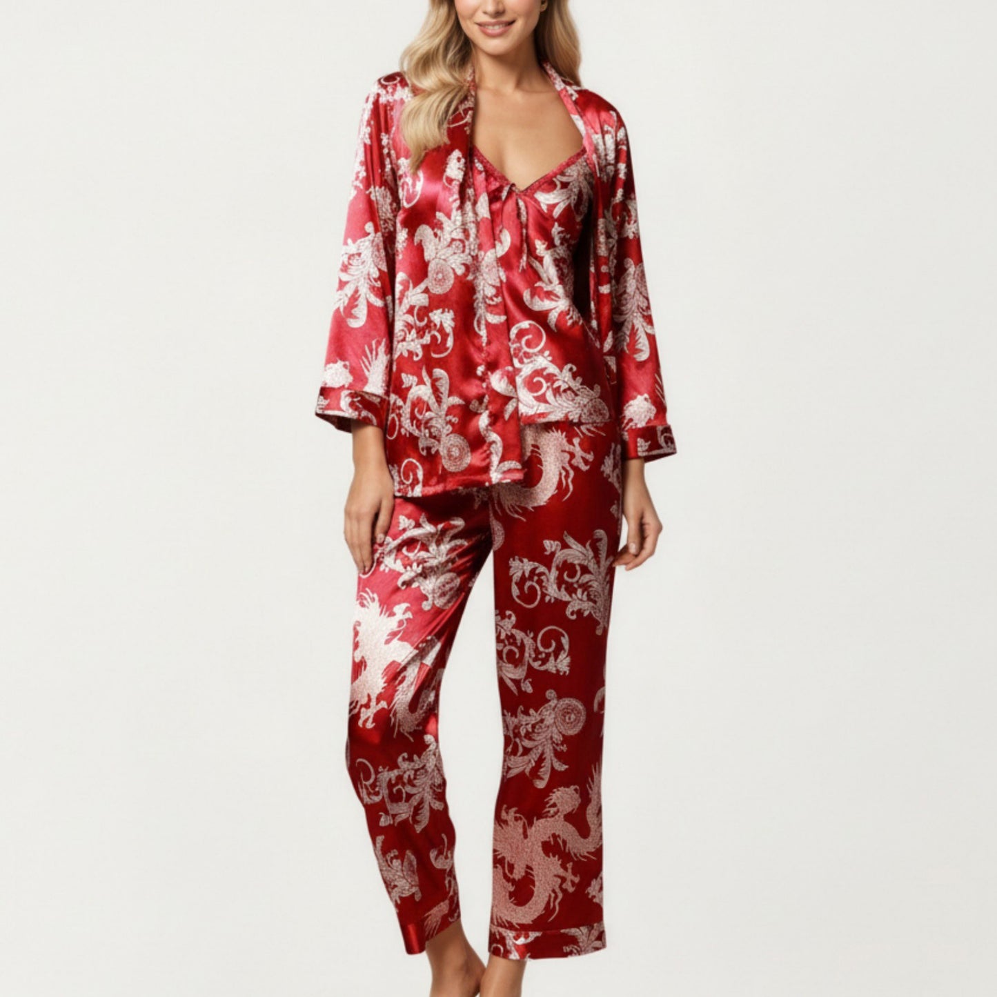3-Piece Set Satin Baroque Print Pajama Cami with Matching Robe and Relaxed Straight-Leg Pants