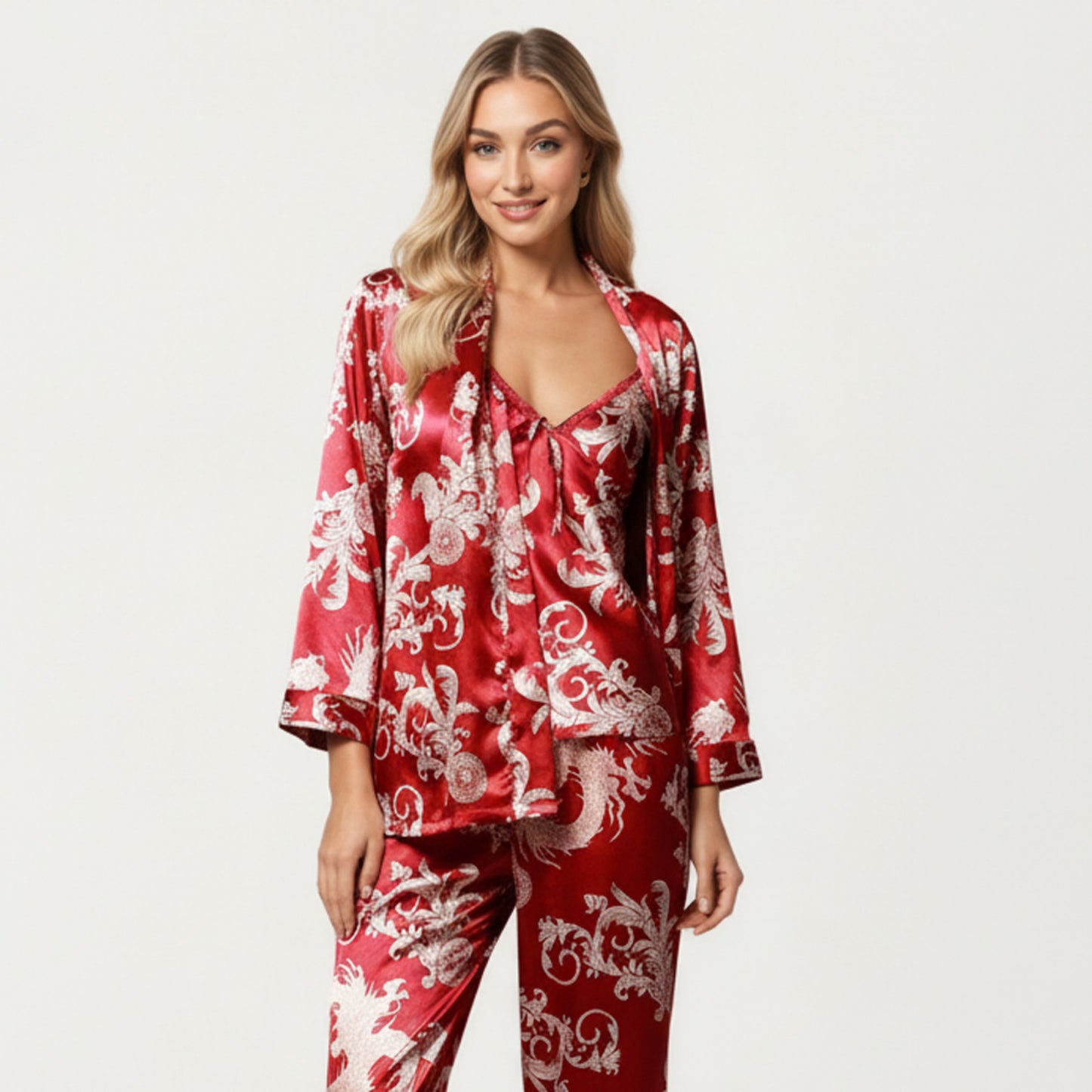 3-Piece Set Satin Baroque Print Pajama Cami with Matching Robe and Relaxed Straight-Leg Pants