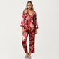 3-Piece Set Satin Baroque Print Pajama Cami with Matching Robe and Relaxed Straight-Leg Pants