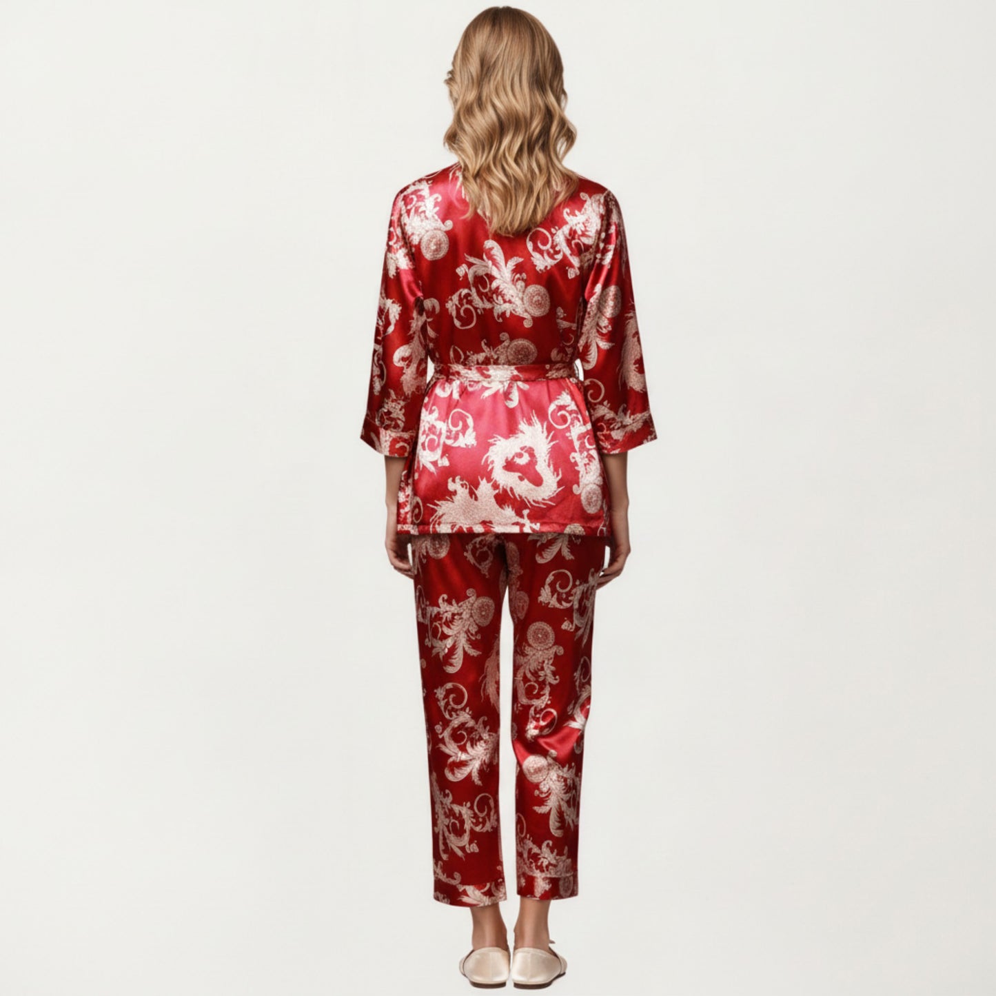 3-Piece Set Satin Baroque Print Pajama Cami with Matching Robe and Relaxed Straight-Leg Pants