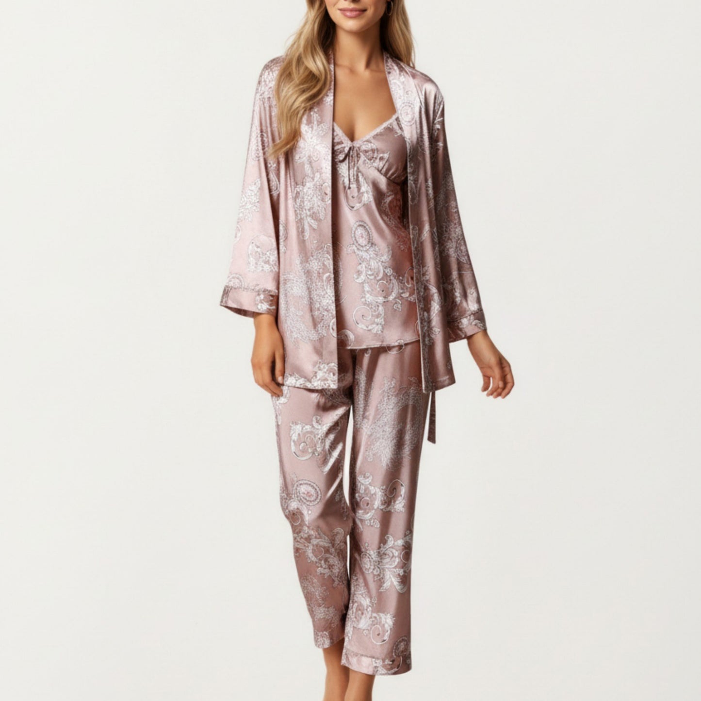3-Piece Set Satin Baroque Print Pajama Cami with Matching Robe and Relaxed Straight-Leg Pants
