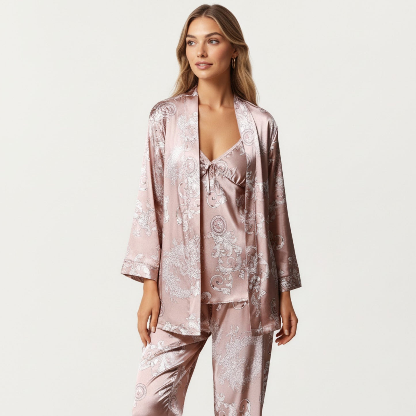 3-Piece Set Satin Baroque Print Pajama Cami with Matching Robe and Relaxed Straight-Leg Pants
