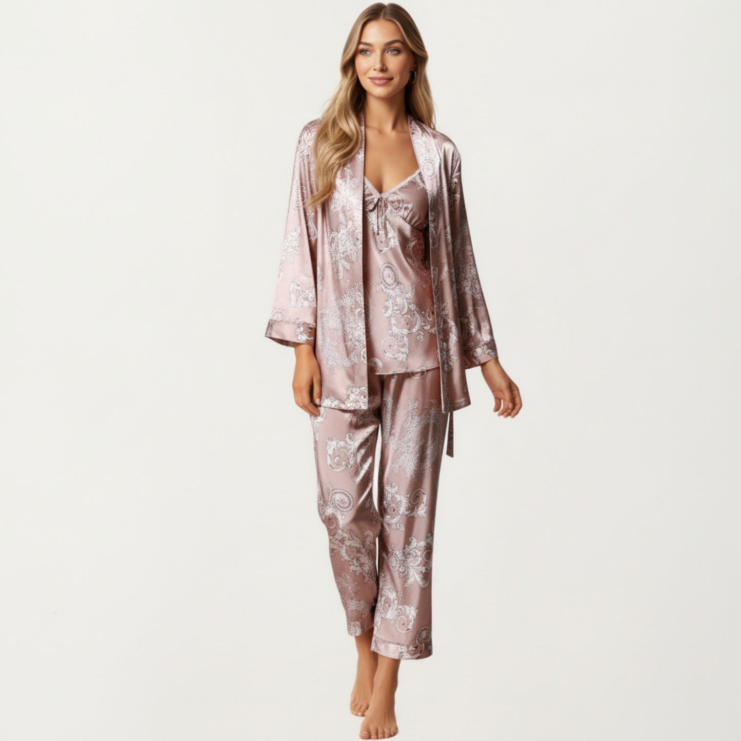 3-Piece Set Satin Baroque Print Pajama Cami with Matching Robe and Relaxed Straight-Leg Pants