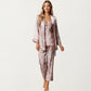 3-Piece Set Satin Baroque Print Pajama Cami with Matching Robe and Relaxed Straight-Leg Pants