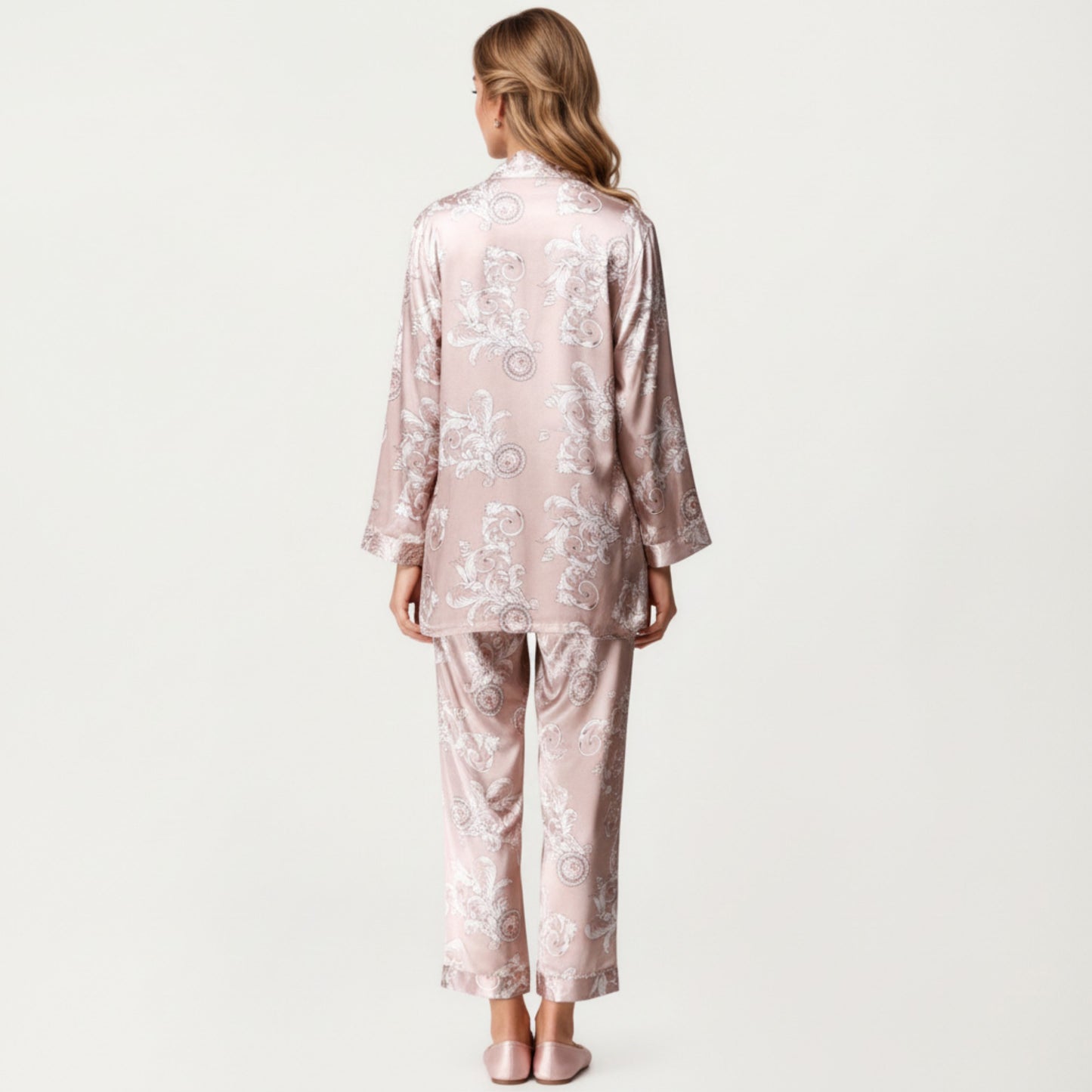 3-Piece Set Satin Baroque Print Pajama Cami with Matching Robe and Relaxed Straight-Leg Pants