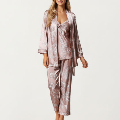 3-Piece Set Satin Baroque Print Pajama Cami with Matching Robe and Relaxed Straight-Leg Pants