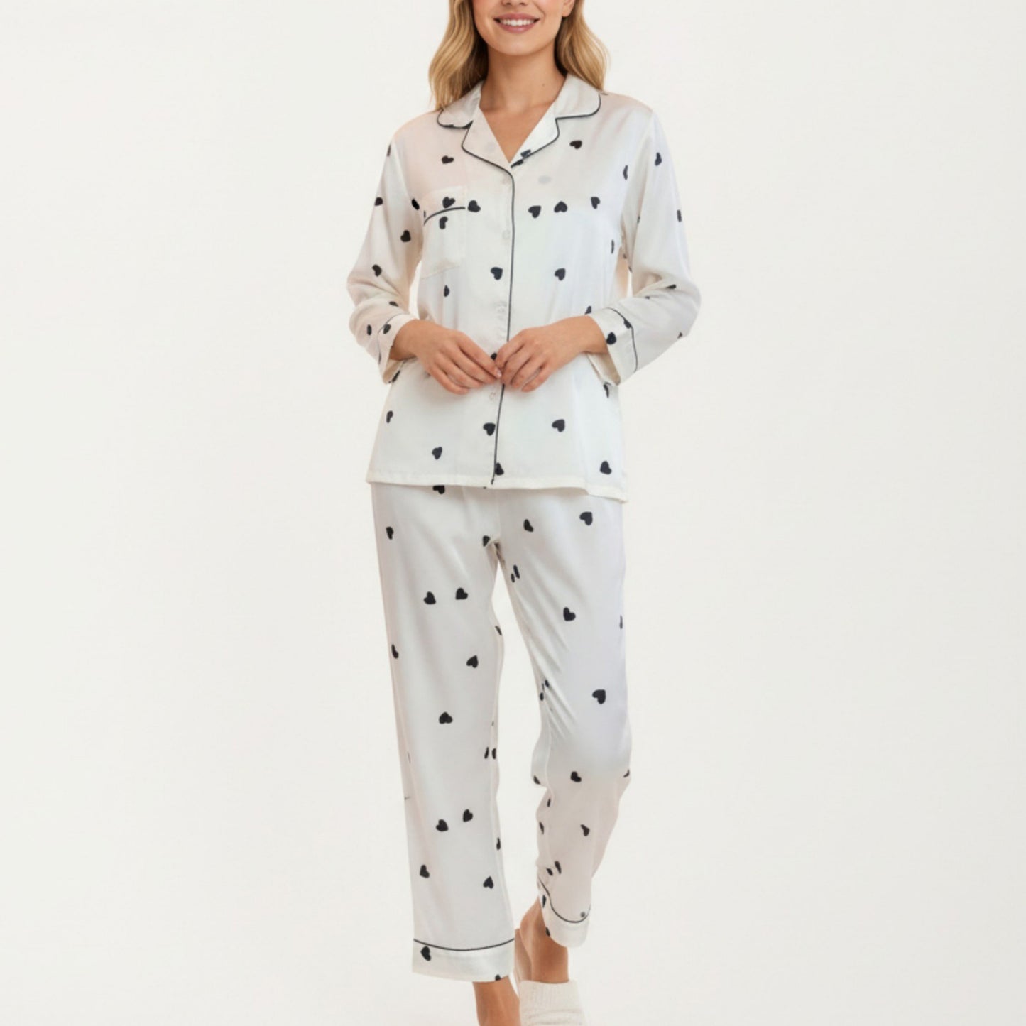 2-Piece Set Satin Heart Print Pajama Top with Contrast Piping Matched with Relaxed Straight-Leg Pants