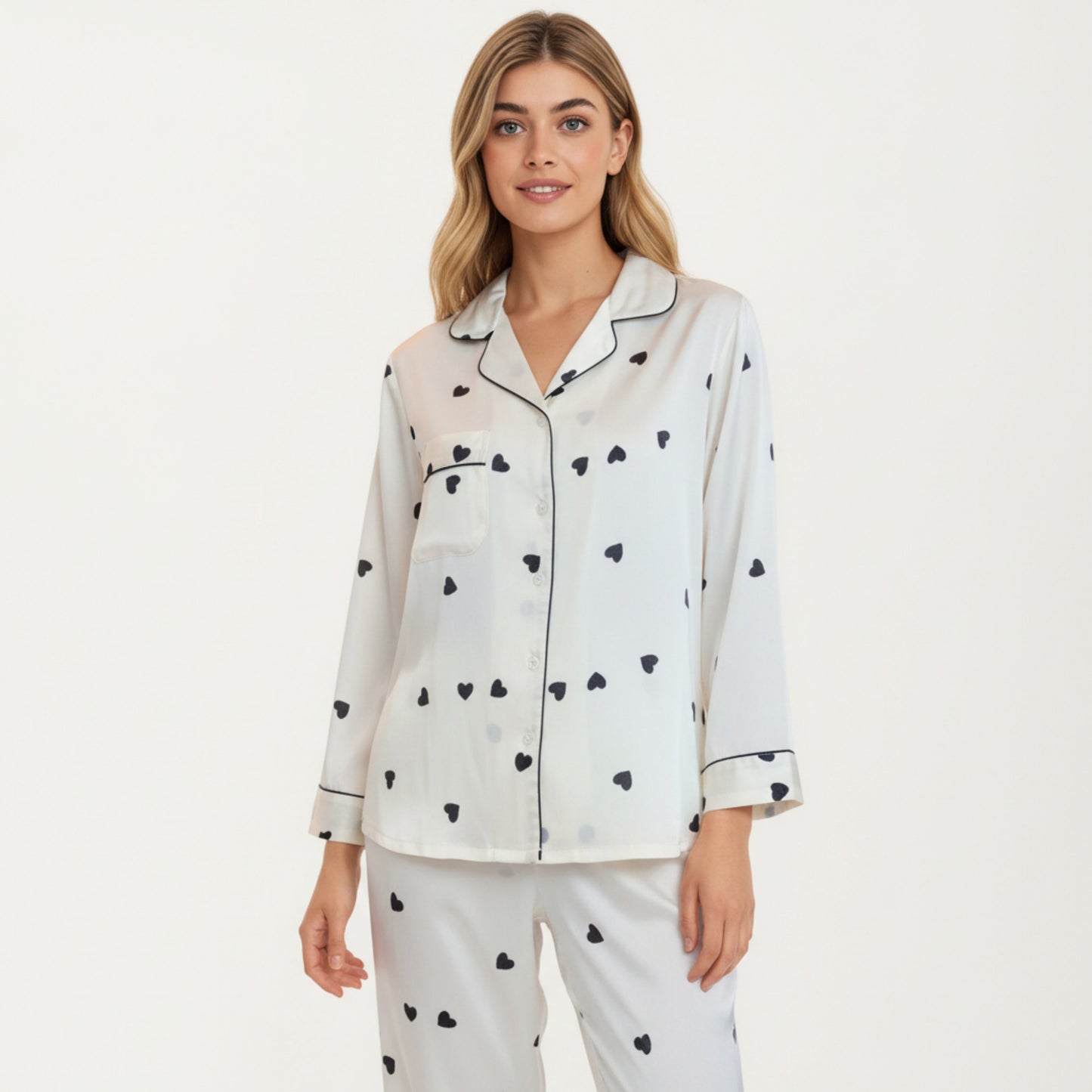 2-Piece Set Satin Heart Print Pajama Top with Contrast Piping Matched with Relaxed Straight-Leg Pants