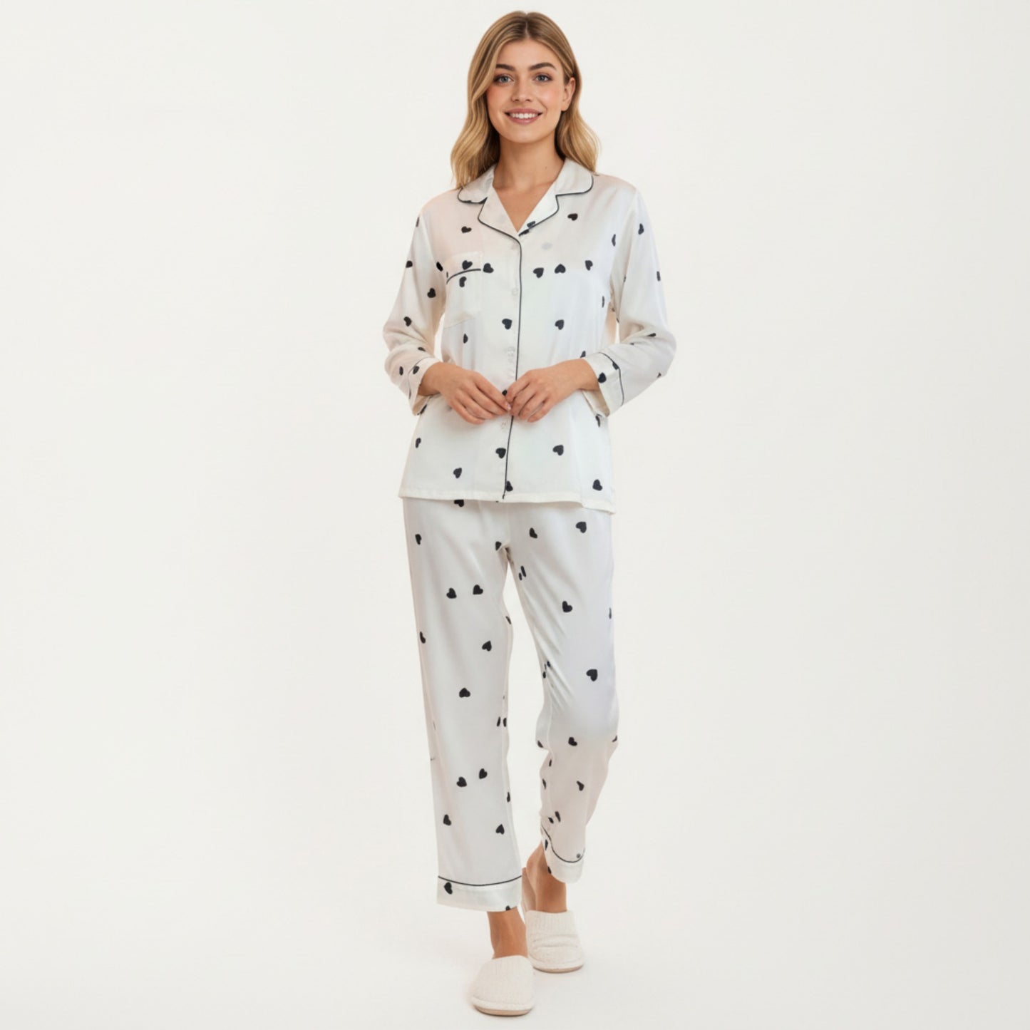 2-Piece Set Satin Heart Print Pajama Top with Contrast Piping Matched with Relaxed Straight-Leg Pants