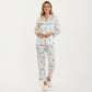2-Piece Set Satin Heart Print Pajama Top with Contrast Piping Matched with Relaxed Straight-Leg Pants