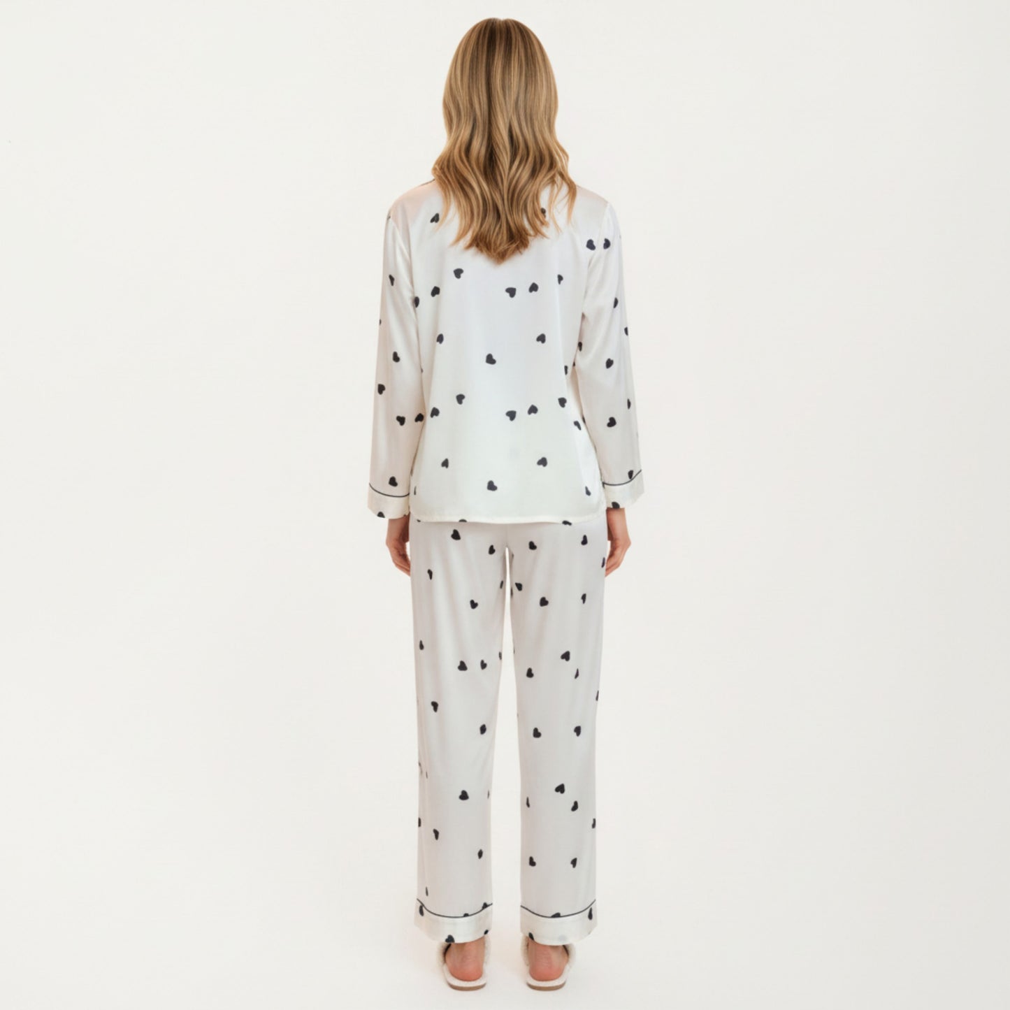 2-Piece Set Satin Heart Print Pajama Top with Contrast Piping Matched with Relaxed Straight-Leg Pants