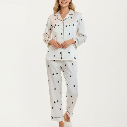 2-Piece Set Satin Heart Print Pajama Top with Contrast Piping Matched with Relaxed Straight-Leg Pants