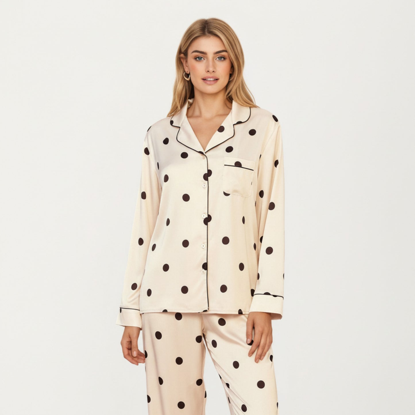 2-Piece Set Satin Polka Dot Pajama Top with Contrast Piping and Matching Straight-Leg Pants